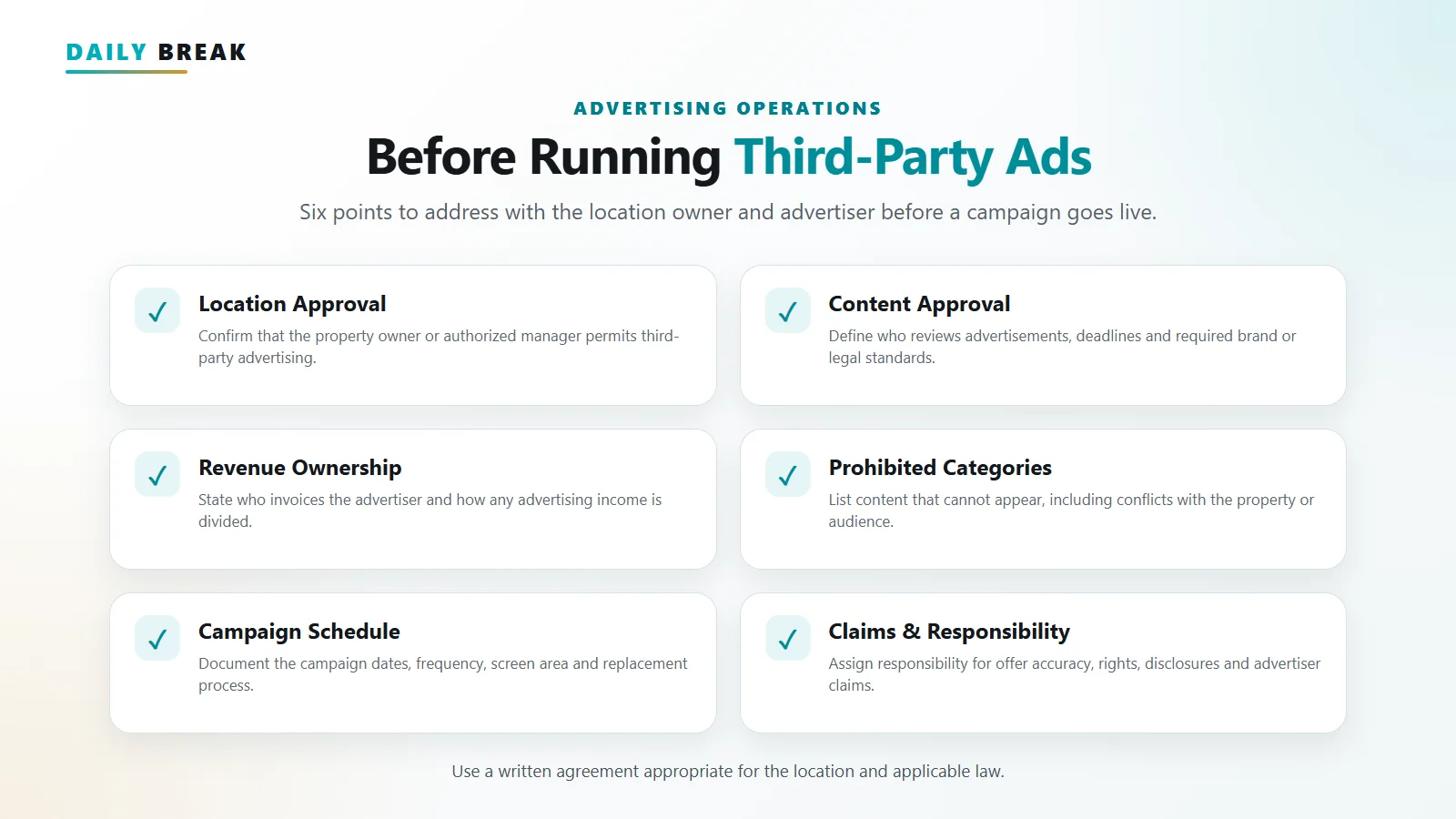 Advertising agreement checklist for a vending location