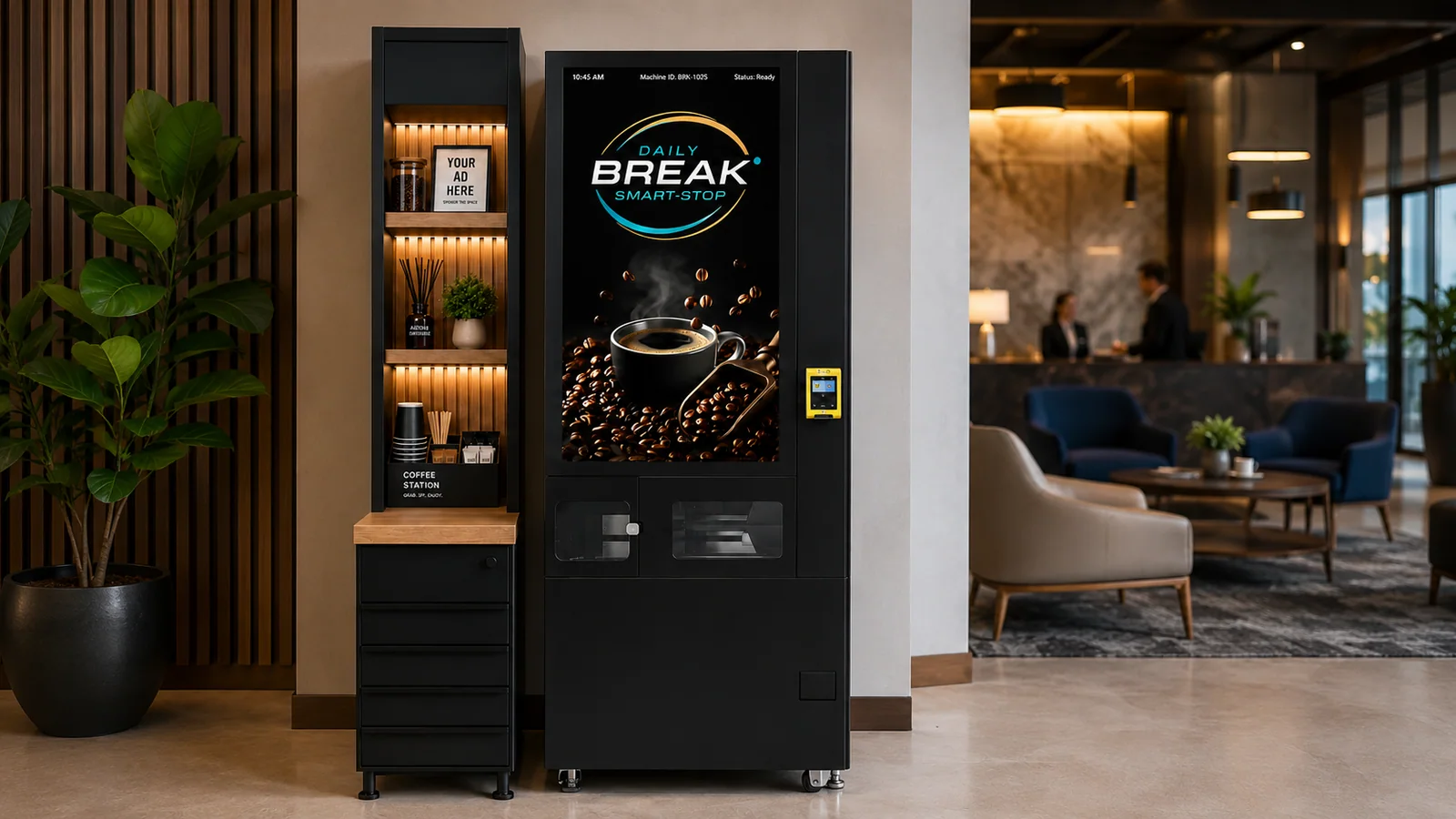 Coffee vending machine with Premium Vending Kiosk Cabinet in a hotel-style setting